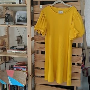 Anthropologie Sunny Day yellow sweatshirt dress with puff sleeves